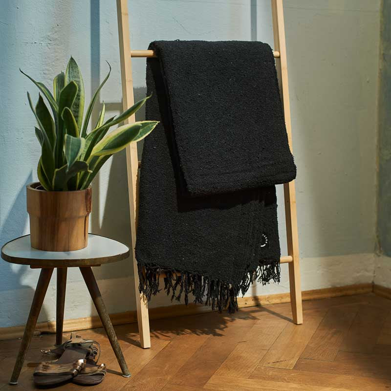 Tulum, Fair Trade Ethno-Decke Falsa, Strandtuch & Picknickdecke, Überwurf, 200x130cm, Black
